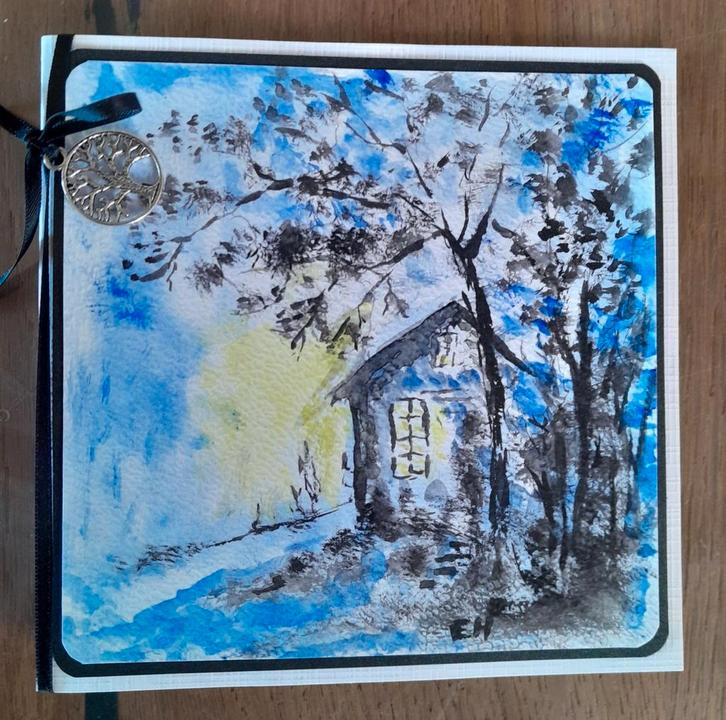 Huisje in een donker bos, geschilderd met aquarel verf, Hobby en Vrije tijd, Kaarten | Zelfgemaakt, Zo goed als nieuw, Ophalen of Verzenden