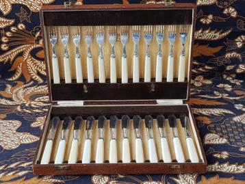 Mooi oud Engels 24 delig silverplate visbestek in kist. beschikbaar voor biedingen