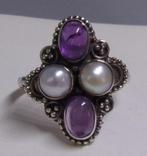 Nieuwe zilveren ring met witte Parels en Amethisten, Sieraden, Tassen en Uiterlijk, Ringen, Met edelsteen, Verzenden, Paars, Nieuw