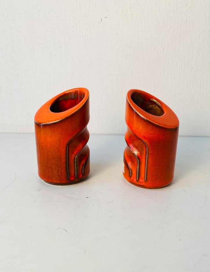 Set Steuler keramiek Zyclon sier-vaasjes (2) jaren 60, Huis en Inrichting, Woonaccessoires | Vazen, Gebruikt, Oranje, Minder dan 50 cm