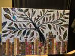 Abstract Schilderij Boom, Vogels en Huizen achter Hekje Kuns, Ophalen of Verzenden