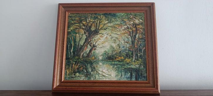 Boslandschap met waterpartij - Olieverf op doek, Antiek en Kunst, Kunst | Schilderijen | Klassiek, Ophalen