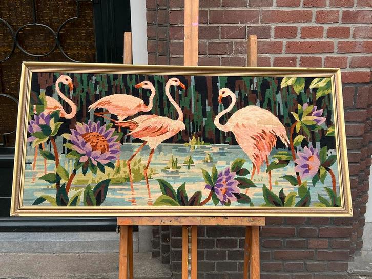 Vintage borduurwerk flamingo’s GROOT! Xxl, Huis en Inrichting, Woonaccessoires | Wanddecoraties, Gebruikt, Ophalen of Verzenden