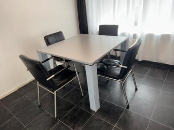 Spotprijs Eettafel met vier leer stoelen Rvs beschikbaar voor biedingen