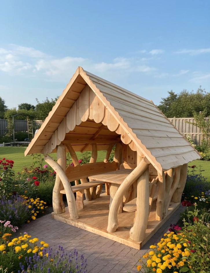 Houten tuinhuisje / prieel met tafel en banken – handgemaakt, Tuin en Terras, Tuinhuizen, Nieuw, Tuinhuis, Hout, 250 tot 500 cm