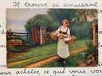 Dame met mandje eieren en een kip, Ophalen of Verzenden, Voor 1920, Ongelopen, Overige thema's