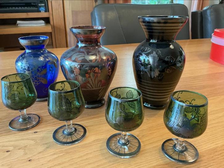 Prachtig setje met echt zilveren overlay Murano Italie, Antiek en Kunst, Antiek | Glas en Kristal, Ophalen of Verzenden