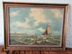 Olieverf op linnen b, sluiter, boot op zee, stad er achter, Antiek en Kunst, Ophalen of Verzenden