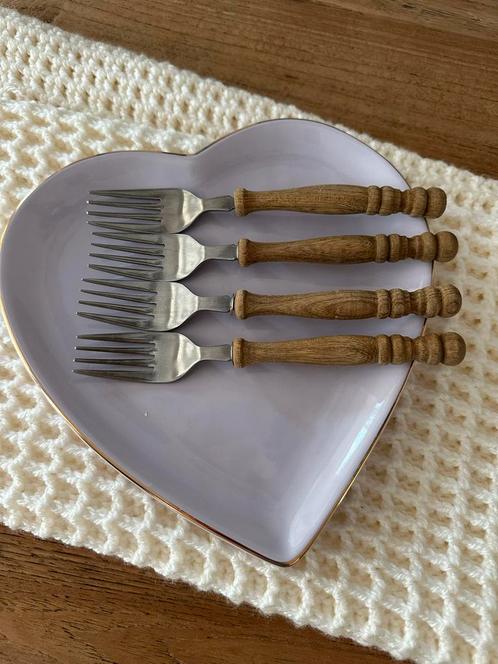 Vorkjes met houten handvat + gratis lepeltje, Huis en Inrichting, Keuken | Bestek, Gebruikt, Los bestek, Hout, Ophalen of Verzenden