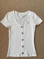 Roomwit shirtje met 5 bruine sierknopen, maat XS, Verzenden, Beige, Korte mouw, Maat 34 (XS) of kleiner