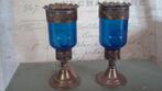 aparte blauwe kandelaartjes  met messing opaline vaasje, Antiek en Kunst, Ophalen of Verzenden