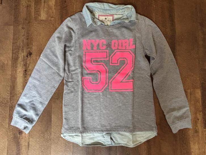 Longsleeve / trui met nepblouse 158-164 C&A grijs roze blauw, Kinderen en Baby's, Kinderkleding | Maat 158, Zo goed als nieuw