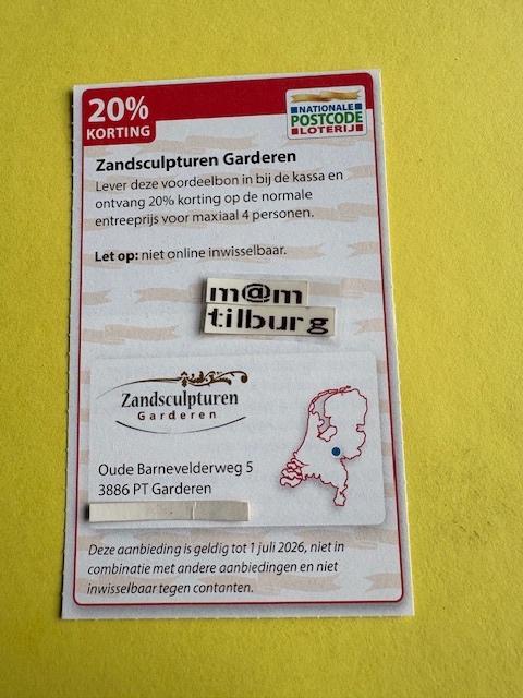 Zandsculpturen Garderen 20% korting p.p., Tickets en Kaartjes, Kortingen en Cadeaubonnen, Drie personen of meer, Overige typen