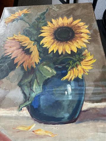 Antiek Zonnebloemen schilderij, dubbel gesigneerd beschikbaar voor biedingen