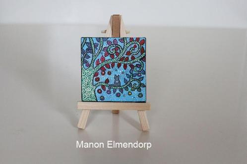 Uniek Handgeschilderd Schilderijtje met Ezeltje Kat in Boom, Antiek en Kunst, Kunst | Schilderijen | Modern, Ophalen of Verzenden