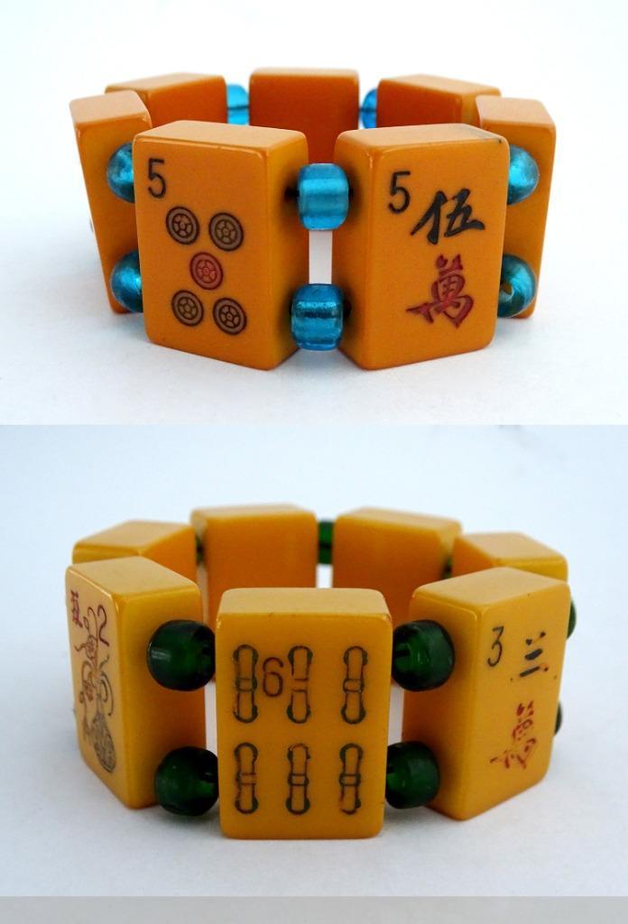 2 Amberkleurige Bakeliet - Catalin Mahjong Stenen Armbanden, Sieraden, Tassen en Uiterlijk, Antieke sieraden, Armband, Overige materialen