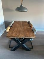 Teakhouten tafel 220 cm met 6 stoelen, Ophalen, 200 cm of meer, 50 tot 100 cm, Zo goed als nieuw