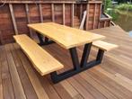 Picknicktafel staal en douglas/lariks hout. V frame Boomstam, Ophalen of Verzenden, Nieuw, Rechthoekig, Hout