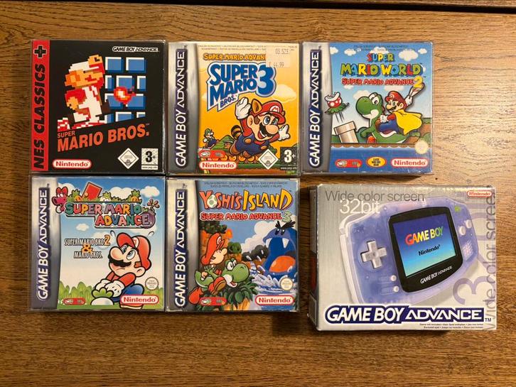Gameboy Advance + 5x CIB Mario Spellen, Spelcomputers en Games, Spelcomputers | Nintendo Game Boy, Zo goed als nieuw, Game Boy Advance