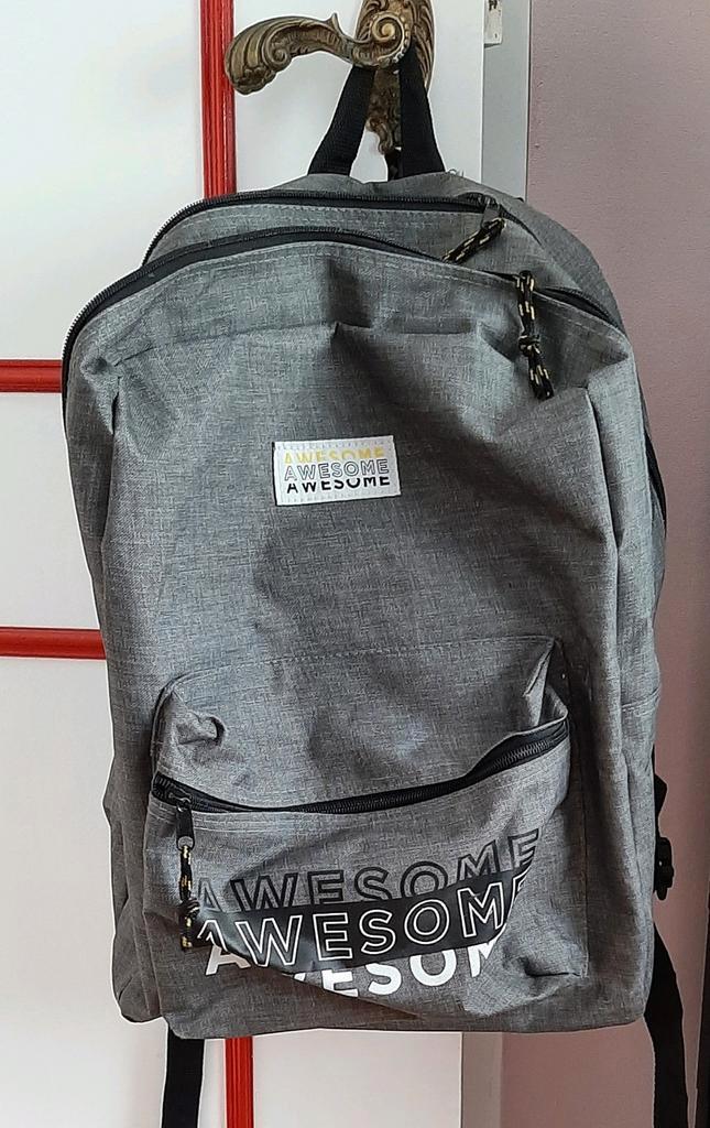 Grijze Rugzak met Awesome Tekst - 3 Vakken, Sieraden, Tassen en Uiterlijk, Tassen | Schooltassen, Zo goed als nieuw, Rugtas, Grijs