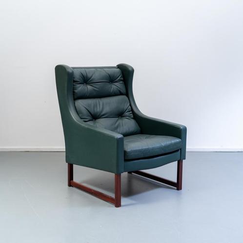 1x Kill International Fauteuil Hoog Groen Leer - Hout, Huis en Inrichting, Fauteuils, Zo goed als nieuw, Hout, Leer, Ophalen of Verzenden