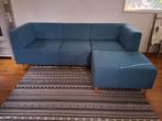 3 zits bank met losse hocker - blauw - stof, Huis en Inrichting, Banken | Bankstellen, Ophalen, Hout, Gebruikt, Driepersoons