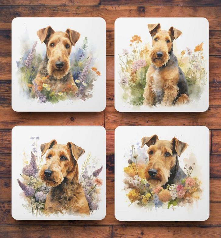 Airedale Terriër Aquarel onderzetters met houder, Huis en Inrichting, Woonaccessoires | Onderzetters, Nieuw, Glas of Kopje, Ophalen of Verzenden