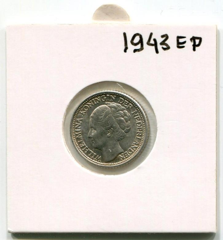 25 cent 1943 Pp  Wilhelmina, Postzegels en Munten, Munten | Nederland, Losse munt, 25 cent, Koningin Wilhelmina, Zilver, Ophalen of Verzenden