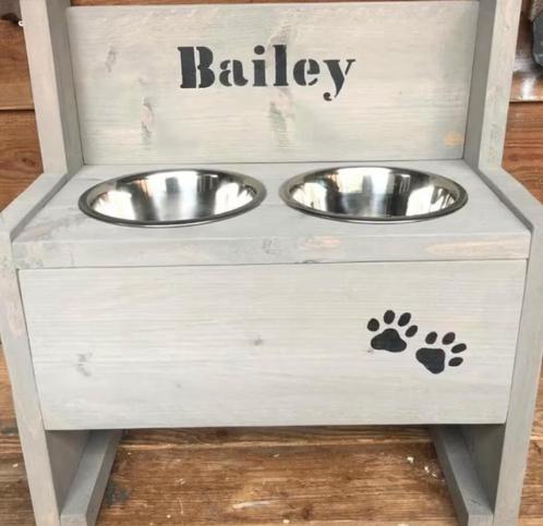 Eet- en drinkbak steigerhout voor hond/ kat met GRATIS naam, Dieren en Toebehoren, Hondenvoerbakken en Drinkbakken, Nieuw, Ophalen of Verzenden