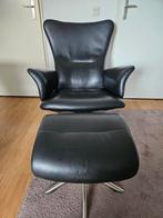 Zwarte lederen fauteuil met voetenbank, Ophalen, Gebruikt, Minder dan 75 cm, Metaal
