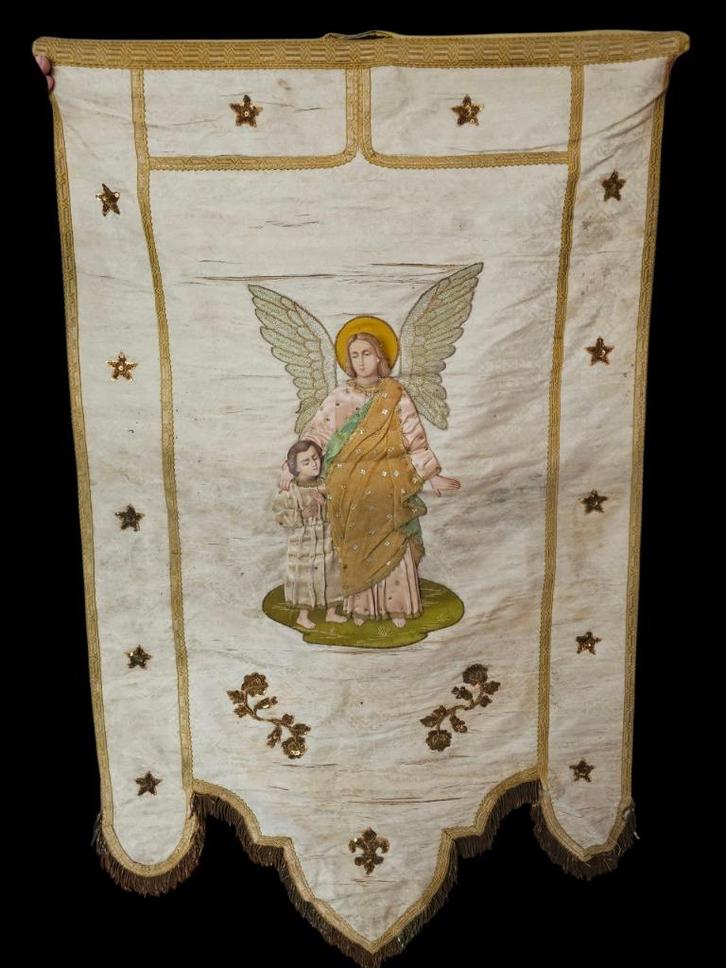 Antiek banier vaandel ENGELBEWAARDER processie religie kerk, Antiek en Kunst, Antiek | Religie, Ophalen of Verzenden