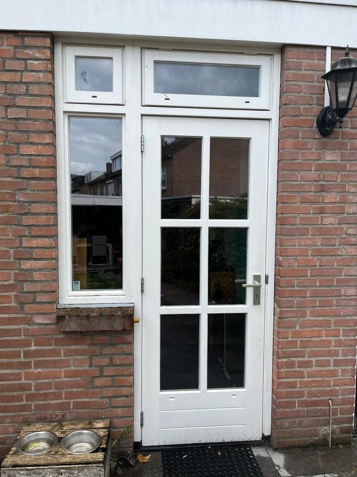 Hardhouten buitendeur, met zijraam en bovenlichten, Doe-het-zelf en Verbouw, Kozijnen en Schuifpuien, Gebruikt, Deurkozijn, Hout