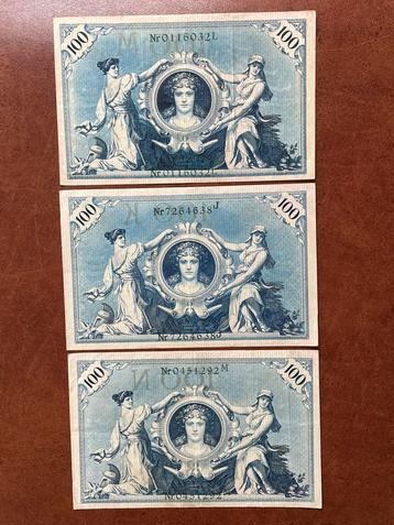 Duitsland  100 Mark 1908 Reichsbanknote, 3 stuks beschikbaar voor biedingen