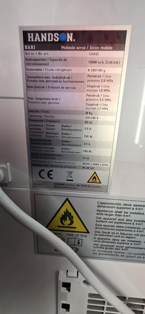 Airco Handson, Witgoed en Apparatuur, Airco's, Zo goed als nieuw, Mobiele airco, Minder dan 60 m³, 3 snelheden of meer, Ophalen