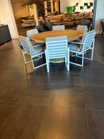 Teak tuintafel rond 160cm met 6 aluminium stoelen, Tuin en Terras, Tuinsets en Loungesets, Ophalen, Gebruikt, Eettafel, 6 zitplaatsen