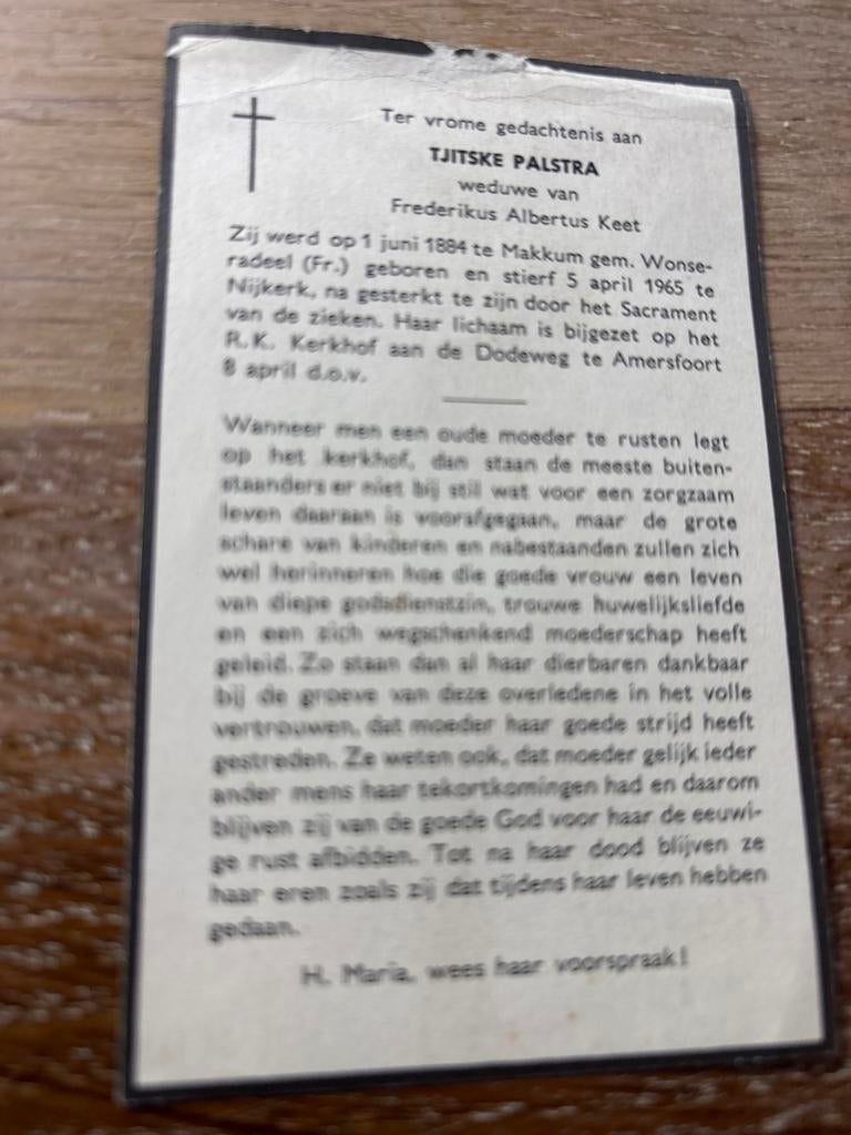 Palstra Tjitske 1884 Makkum 1965 Nijkerk x Keet - 28068, Ophalen of Verzenden, Bidprentje