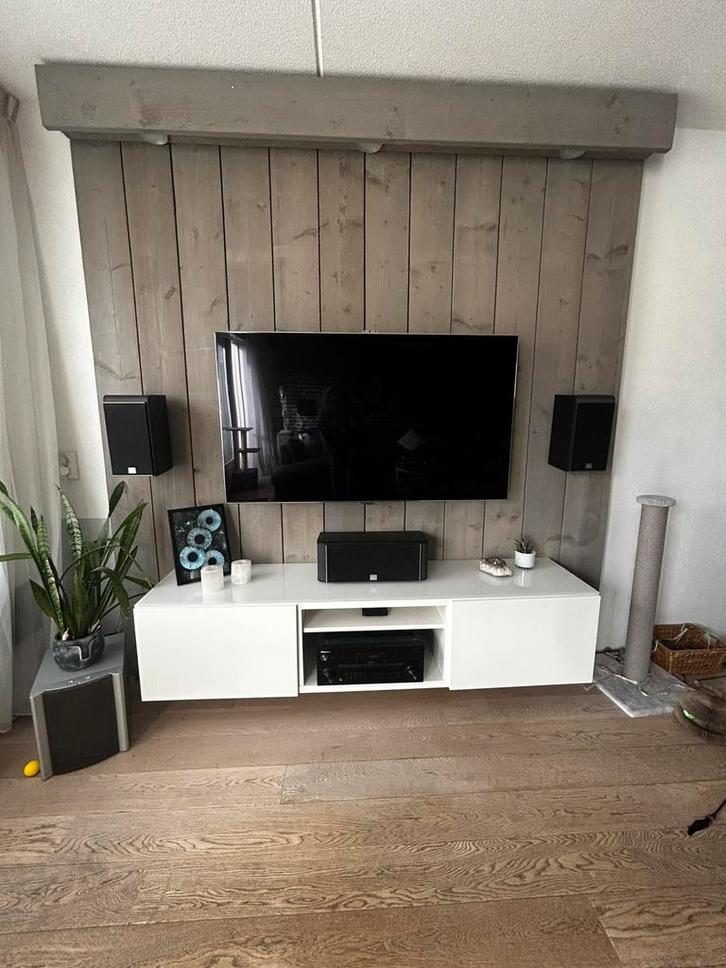 Tv meubel Steigerhout wandmeubel  grijs, Huis en Inrichting, Kasten | Televisiemeubels, Zo goed als nieuw, 200 cm of meer, 200 cm of meer