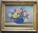 'Rozen in blauwe vaas' Olieverf op canvas., Antiek en Kunst, Ophalen