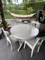 IKEA INGATORP witte ronde uitschuifbare tafel + 4 stoelen, Ophalen of Verzenden, Gebruikt, Hout