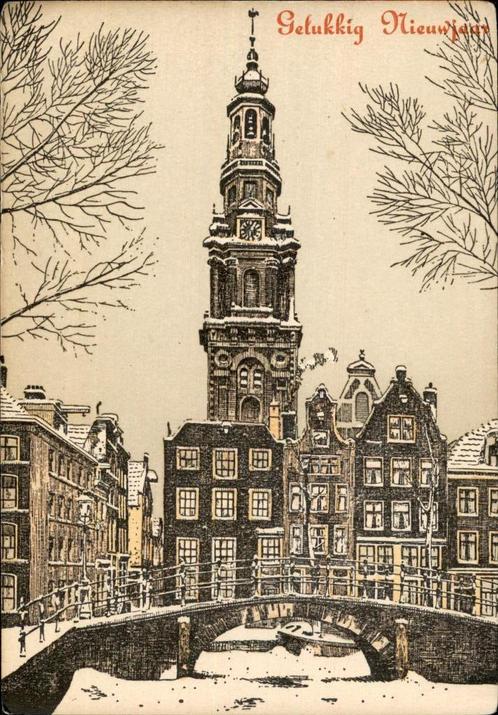 Amsterdam 4 fraaie stadsgezichten (oude Nieuwjaarskaarten), Verzamelen, Ansichtkaarten | Nederland, Ongelopen, Noord-Holland, 1920 tot 1940