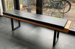 Stoere houten bank voor eetkamer met leren zitkussen, Ophalen, Gebruikt, Minder dan 75 cm, 150 tot 200 cm