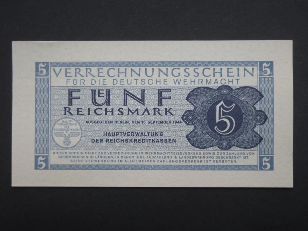 5 Reichsmark 1944 Duitsland Wehrmacht Legergeld WW2 UNC (02), Verzamelen, Militaria | Tweede Wereldoorlog, Verzenden, Overige soorten