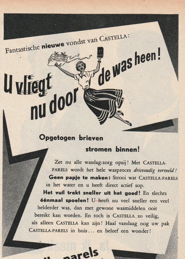 Retro reclame 1954 Castella Nijmegen parels u vliegt er door, Verzamelen, Retro, Verzenden, Overige typen