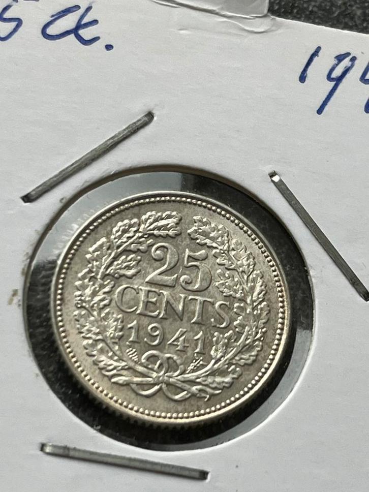 Schitterend kwartje 1941, Postzegels en Munten, Munten | Nederland, Losse munt, 25 cent, Koningin Wilhelmina, Zilver, Ophalen of Verzenden