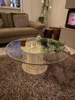 Salontafel met fossiel stenen zuil en glasplaat, Ophalen, Gebruikt, 50 tot 100 cm, Modern Design