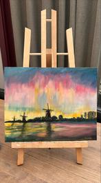 Olieverf schilderij noorderlicht bij Kinderdijk 24x30 cm, Antiek en Kunst, Ophalen