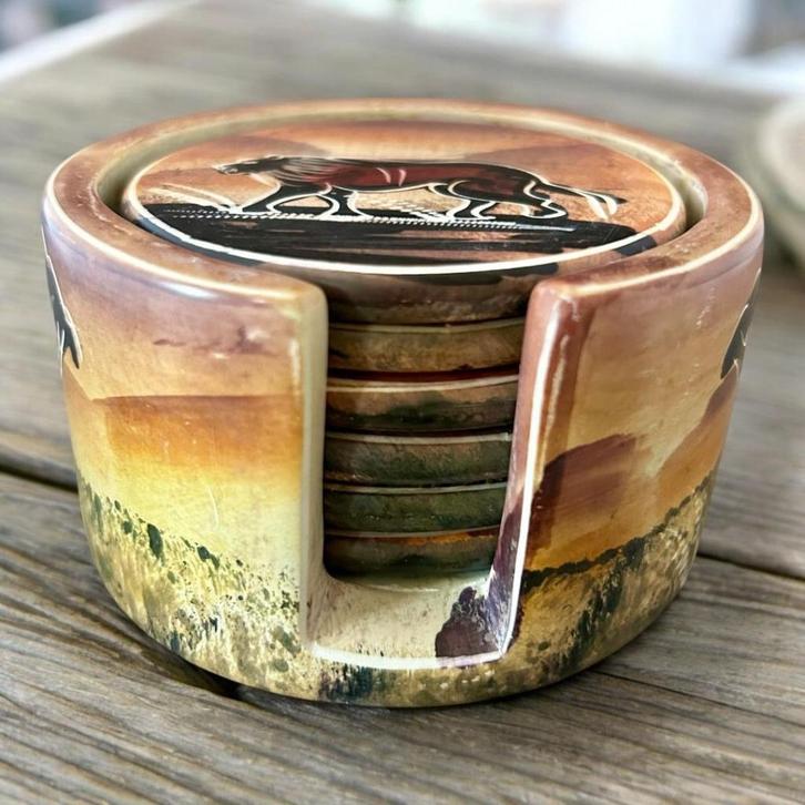 Houder met 6 onderzetters, handgemaakt en beschilderd., Huis en Inrichting, Woonaccessoires | Onderzetters, Zo goed als nieuw