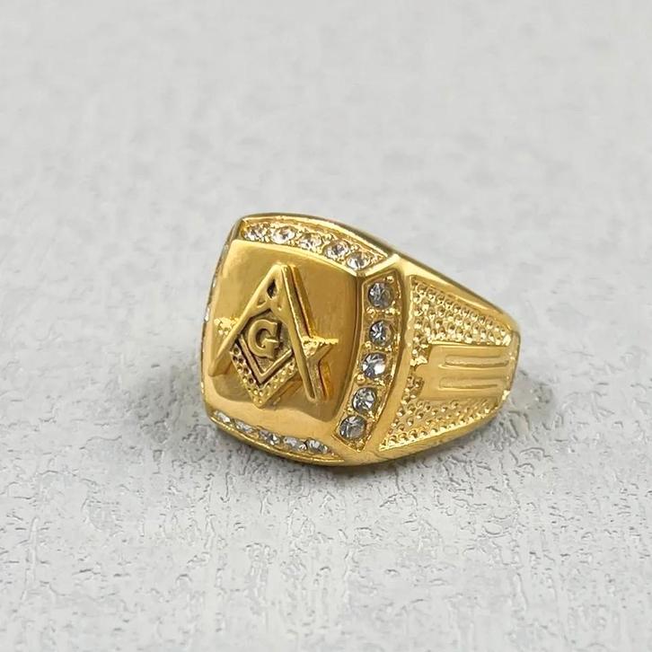 Hele mooie vrijmetselaarsring., Sieraden, Tassen en Uiterlijk, Ringen, Zo goed als nieuw, Dame of Heer, Goud, Met kristal, Verzenden