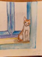 Origineel aquarel kat Griekenland vakantie gesigneerd, Ophalen of Verzenden