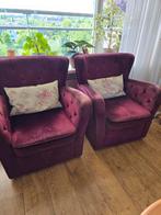 2 fluweelzachte fauteuils in  bordeaurood / aubergine kleur, Huis en Inrichting, Fauteuils, Ophalen, Gebruikt, 75 tot 100 cm